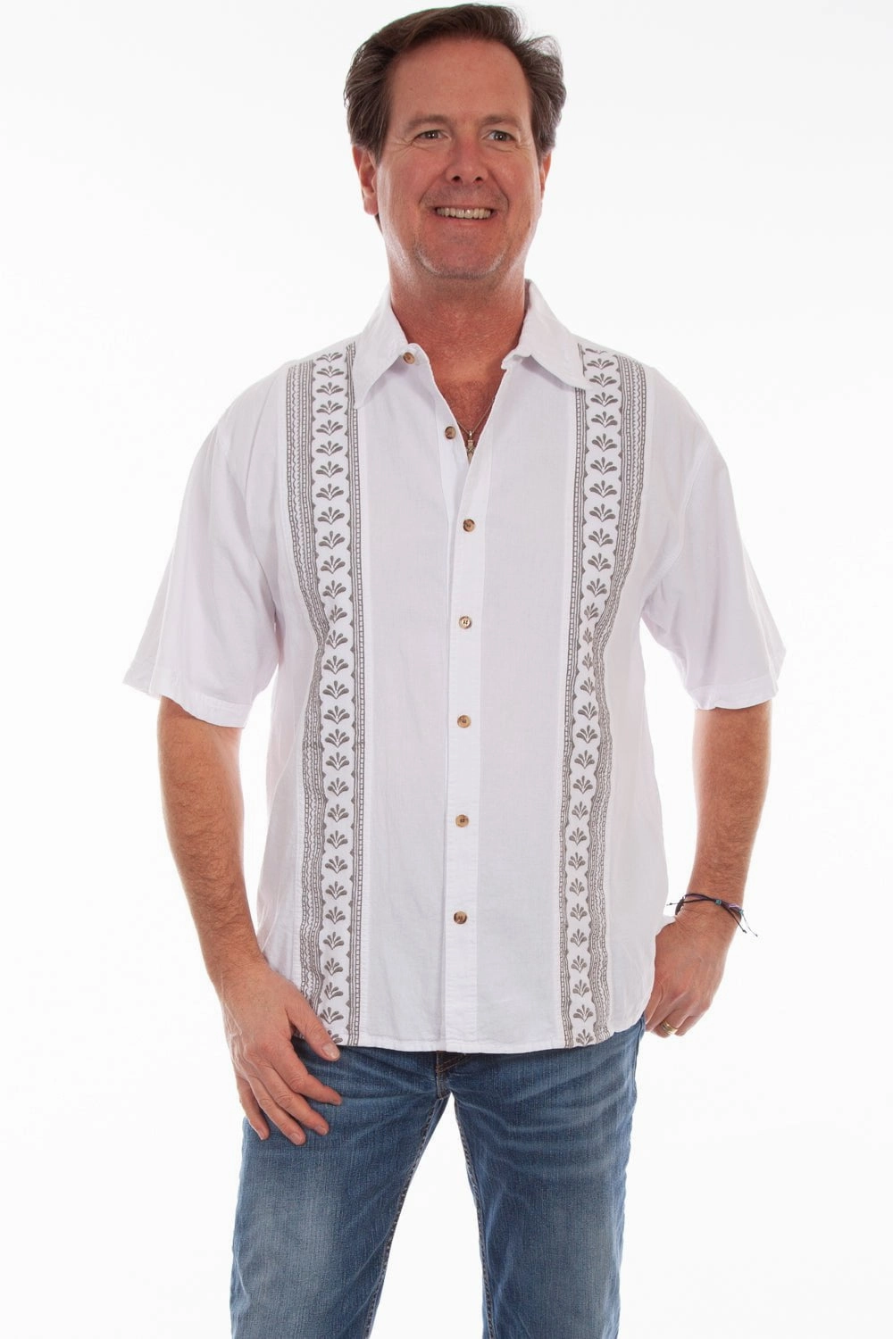 Abrasion resistant Matte Finish Scully Mens White/Grey 100% Cotton Calypso S/S Shirt