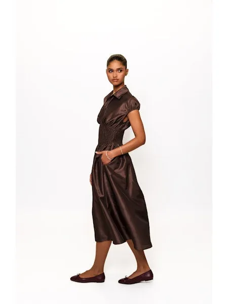 Elegant Fit Airy Feel Trevy Smocked Waist Midi Dress in Brown