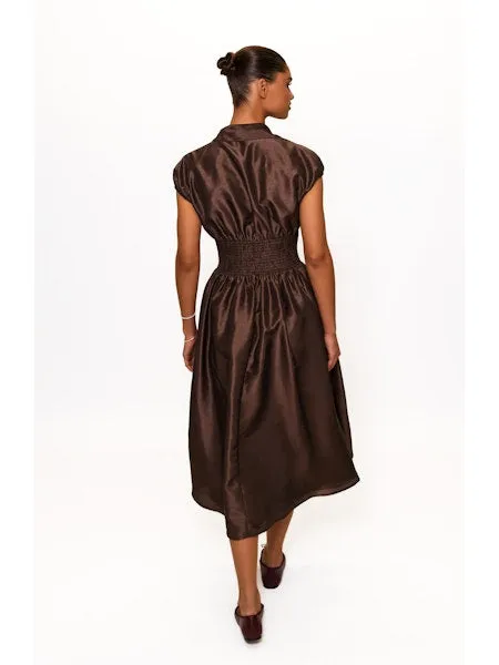 Trevy Smocked Waist Midi Dress in Brown Work Chic Sporty Look