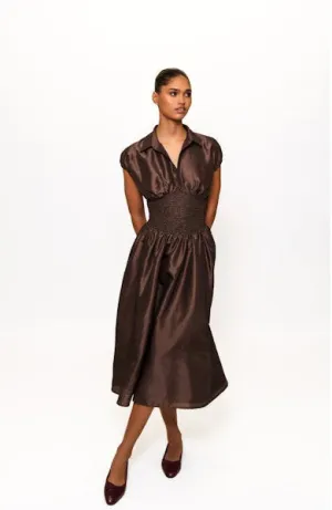 Trevy Smocked Waist Midi Dress in Brown Short Sleeve Professional Comfort Trevy Smocked Waist Midi Dress in Brown