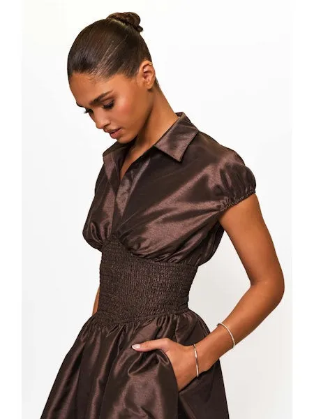 Trend Fit Anti-bacterial Trevy Smocked Waist Midi Dress in Brown