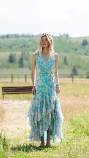 Trinity Wrap Dress in Teal Vintage Vining Floral Ethnic pattern Slender Look Trinity Wrap Dress in Teal Vintage Vining Floral