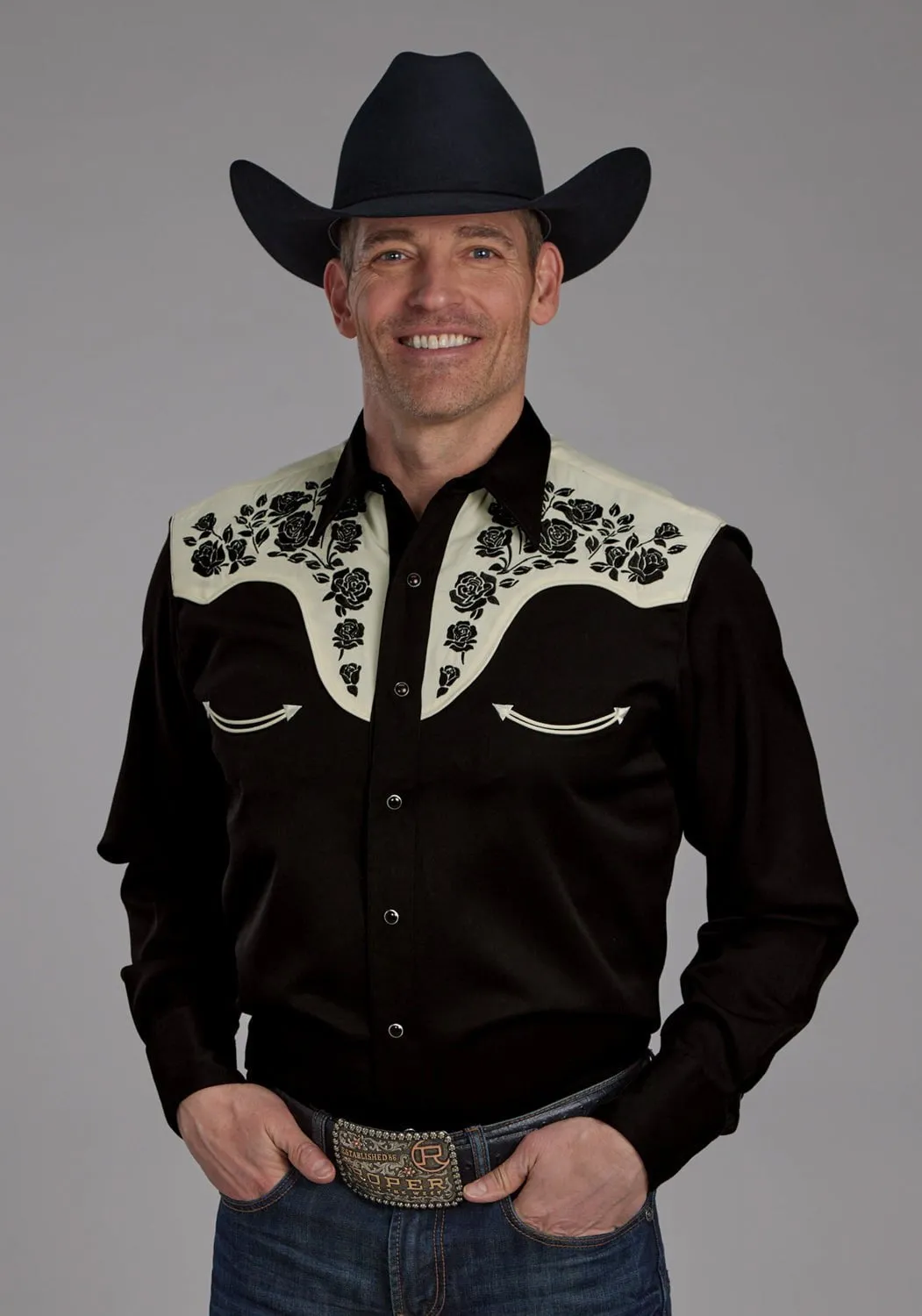 Classic Collar Roper Mens Floral Yoke Black/White Poly/Rayon L/S Shirt