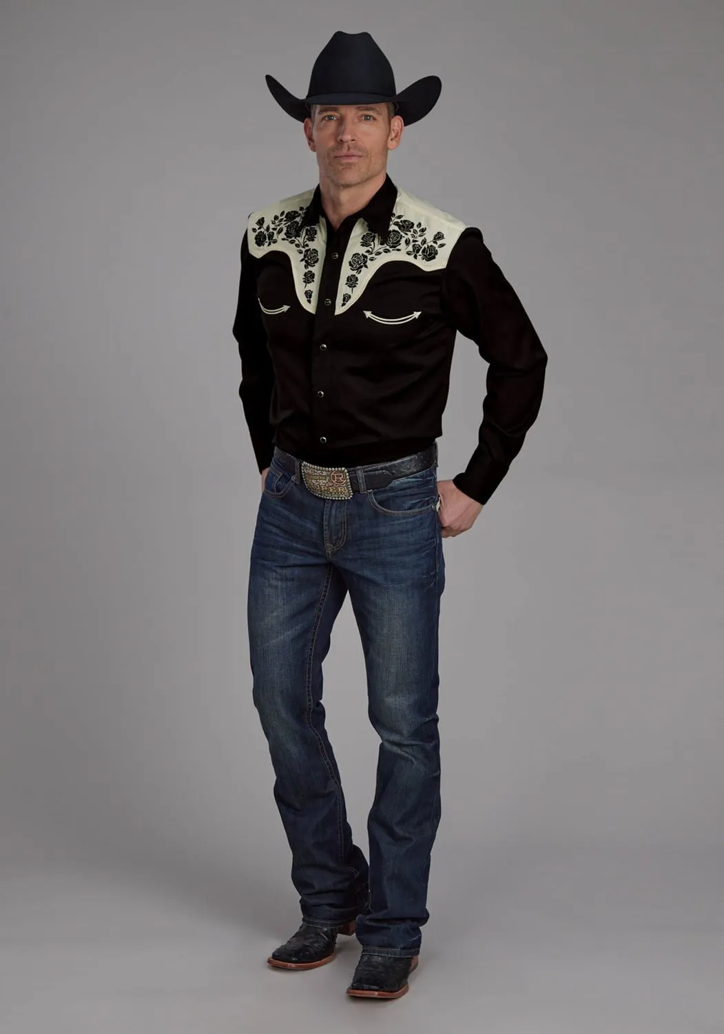 Roper Mens Floral Yoke Black/White Poly/Rayon L/S Shirt Perfect Look Festival Fashion
