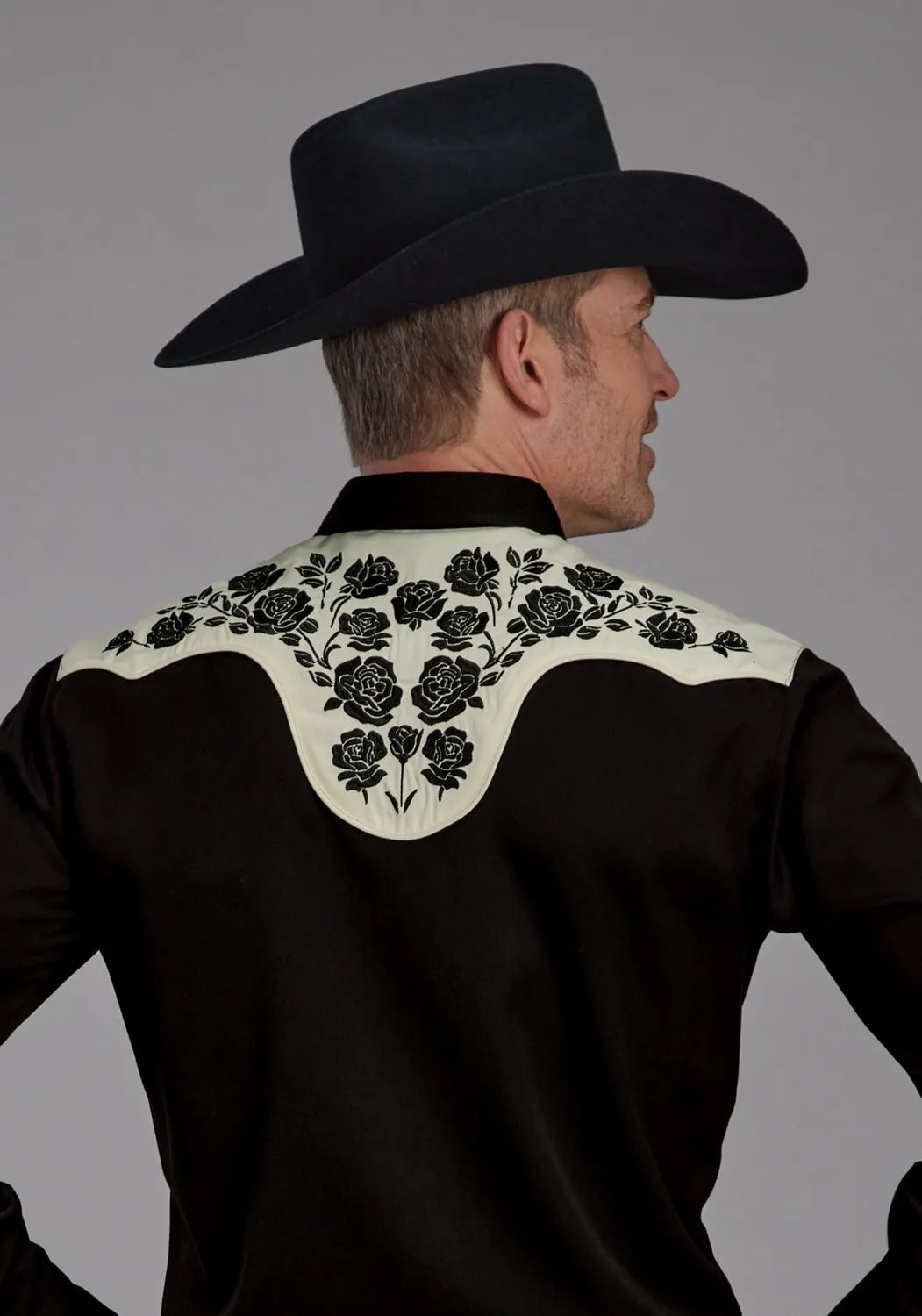 Roper Mens Floral Yoke Black/White Poly/Rayon L/S Shirt Workwear Essential Mature Elegance