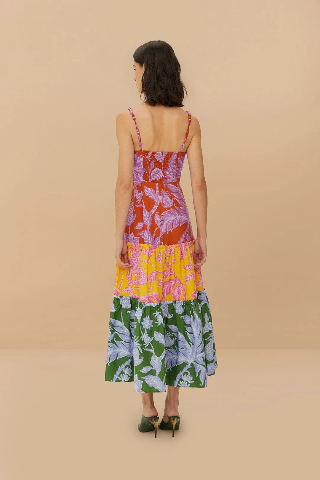 Flattering Waist Sharp Profile Tropical Swing Sleeveless Midi Dress in Mixed
