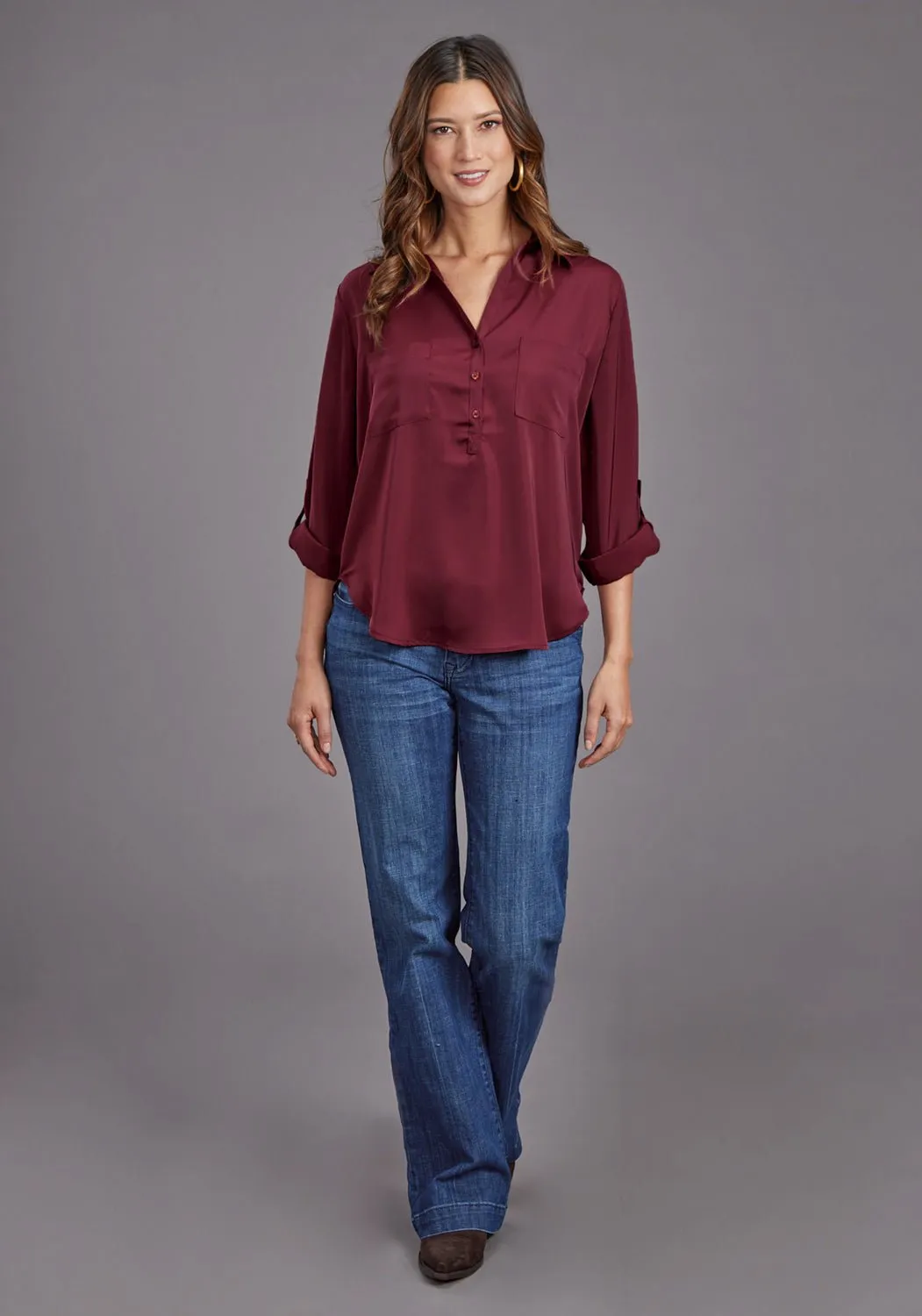 All-Weather Wear Chic Comfort Stetson Womens Open V-Neck Wine 100% Polyester S/S Blouse