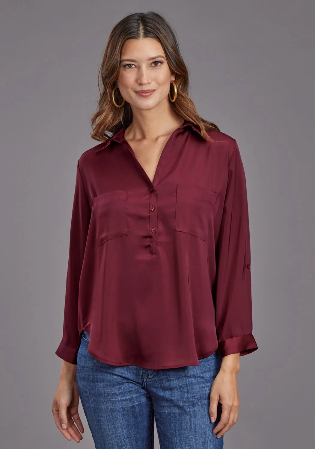 Stetson Womens Open V-Neck Wine 100% Polyester S/S Blouse Embellished Neckline Relaxed Look