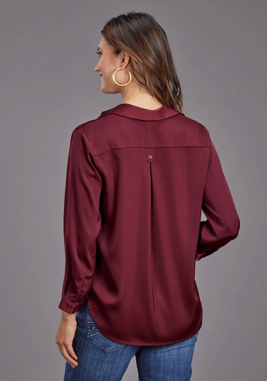Polo Style Flexible Knit Stetson Womens Open V-Neck Wine 100% Polyester S/S Blouse