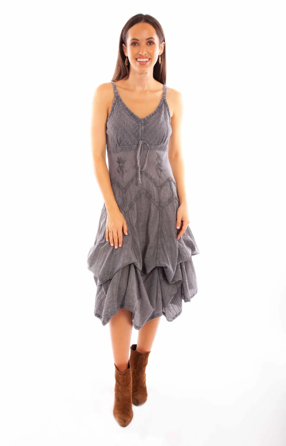 Scully Womens Grey 100% Cotton Long Multi-Fabric S/L Dress Everyday Vibrant Outfit Basic