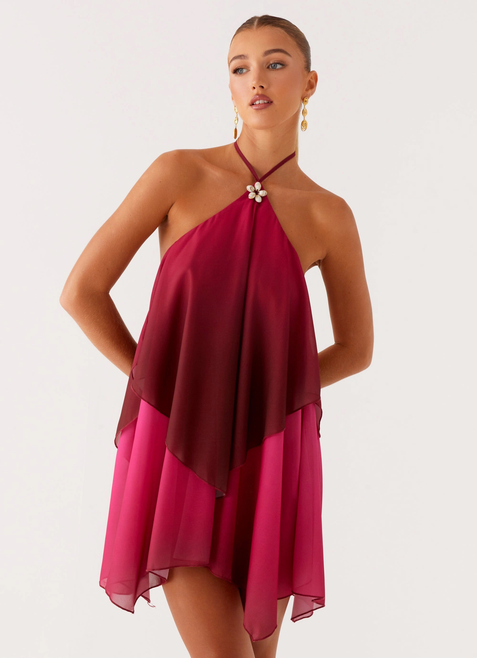 Draped Silhouette Artistic Vibe Twin Flame Mini Dress - Fuchsia Gradient