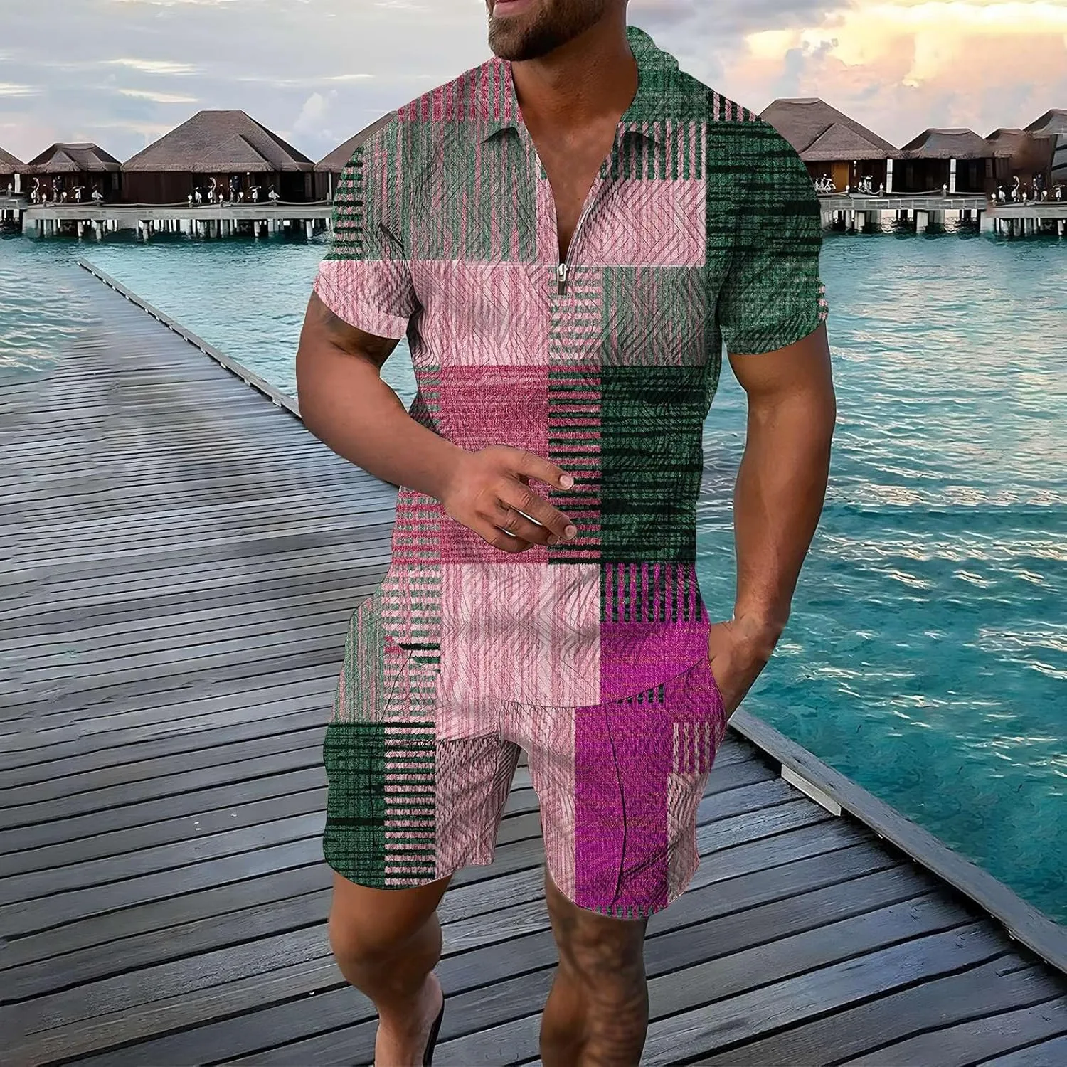 Two Piece Short Set Men Beach Outfits Sets Athletic Mens Dress Clothes Summer for Shorts and Shirt White Linen 2