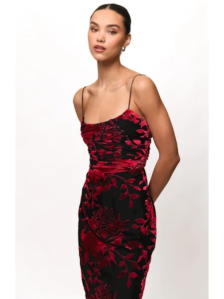 Tylia Ruched Maxi Dress in Black/Red Chinoiserie Bouquet Plus Fit