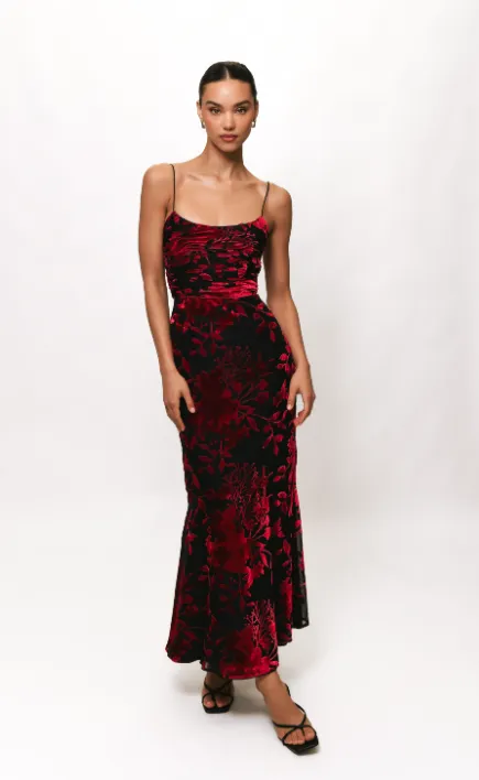 Anti-bacterial Front-Slit Tylia Ruched Maxi Dress in Black/Red Chinoiserie Bouquet