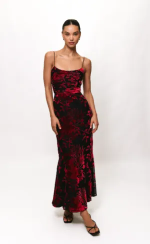 Tylia Ruched Maxi Dress in Black/Red Chinoiserie Bouquet Classic Vibe Anti-bacterial Front-Slit Tylia Ruched Maxi Dress in Black/Red Chinoiserie Bouquet
