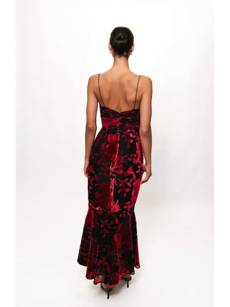 Tylia Ruched Maxi Dress in Black/Red Chinoiserie Bouquet Everyday-Use