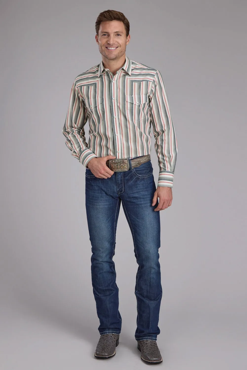Roper Mens 2403 Ombre Stripe Navy/White Cotton Blend L/S Shirt Smart Layering
