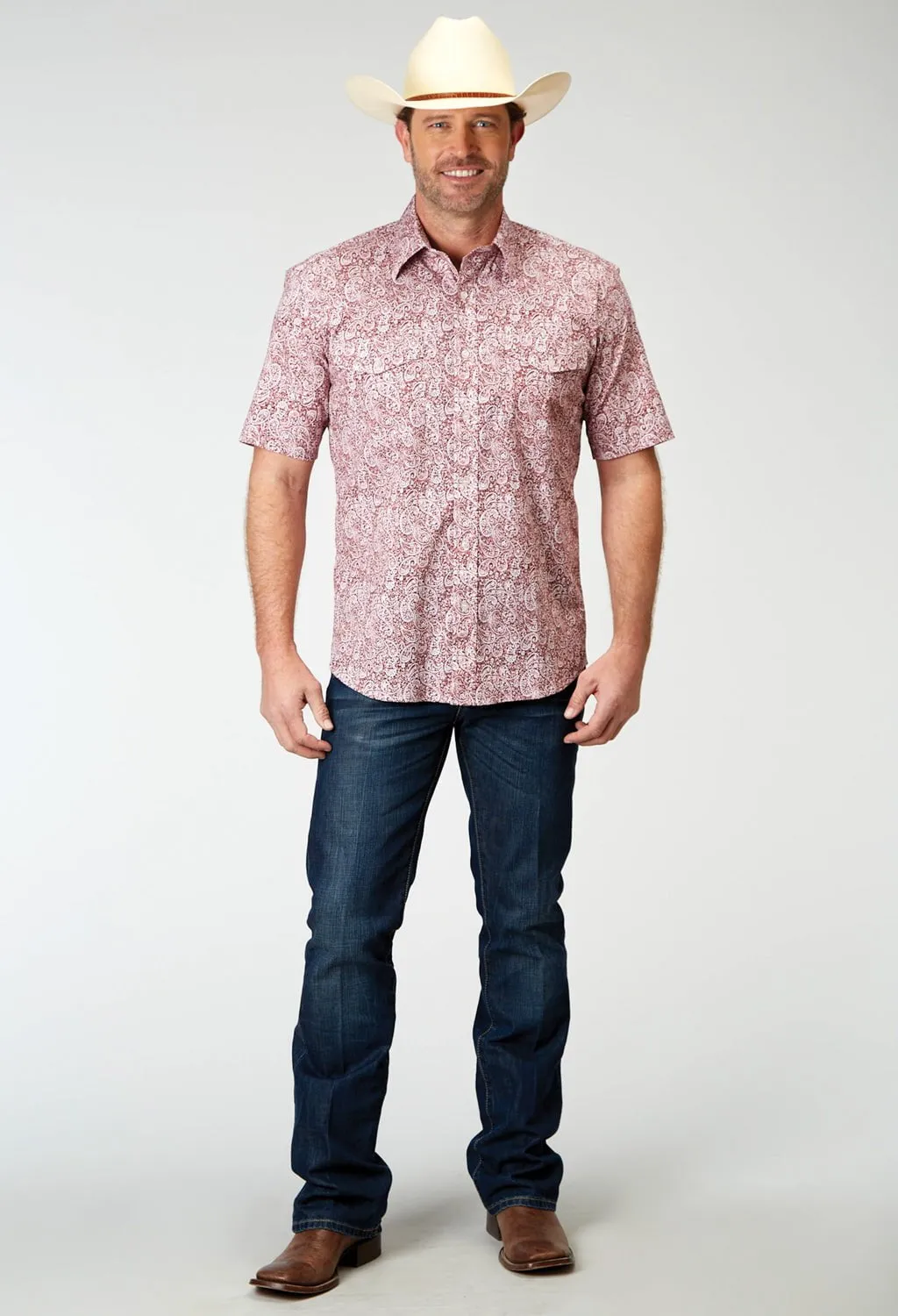 Roper Mens Paisley Poplin Red Cotton Blend S/S Shirt Twill Weave