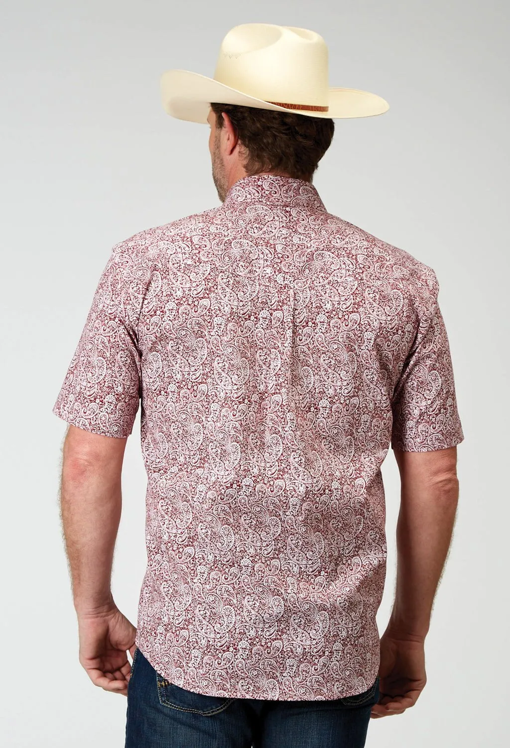 Roper Mens Paisley Poplin Red Cotton Blend S/S Shirt Anti Pill Technology