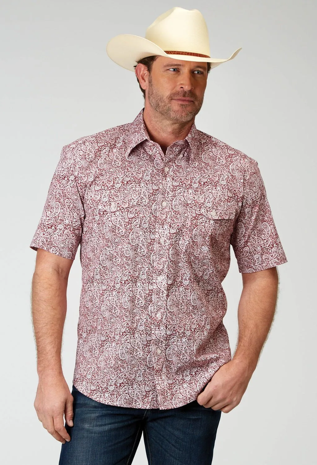Roper Mens Paisley Poplin Red Cotton Blend S/S Shirt Sporty Appeal Tuckable Hem