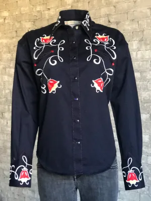 Ultimate Fit Rockmount Womens Navy 100% Cotton Art Deco Tulip Western L/S Shirt Modern Cut Easy Comfort Rockmount Womens Navy 100% Cotton Art Deco Tulip Western L/S Shirt
