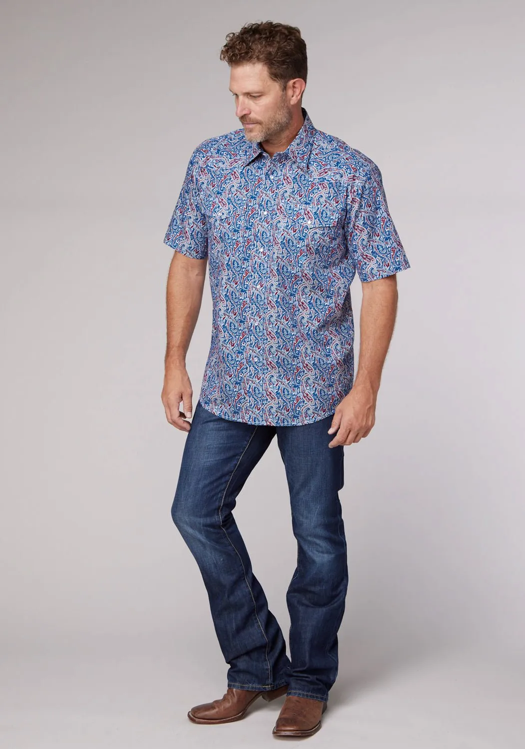 Roper Mens 2024 River Paisley Blue 100% Cotton S/S Shirt Trendy Look Classic Collar