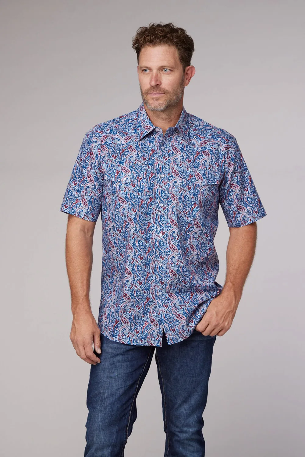 Roper Mens 2024 River Paisley Blue 100% Cotton S/S Shirt Wrinkle Resistant