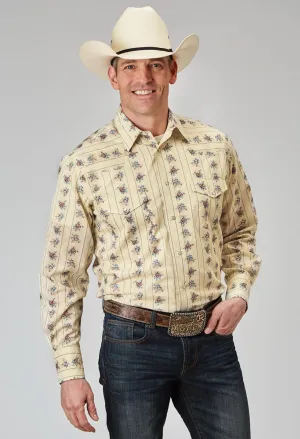 Ultimate look Roper Mens Floral Stripe Yellow Cotton Blend L/S Shirt Roper Mens Floral Stripe Yellow Cotton Blend L/S Shirt Chic Option