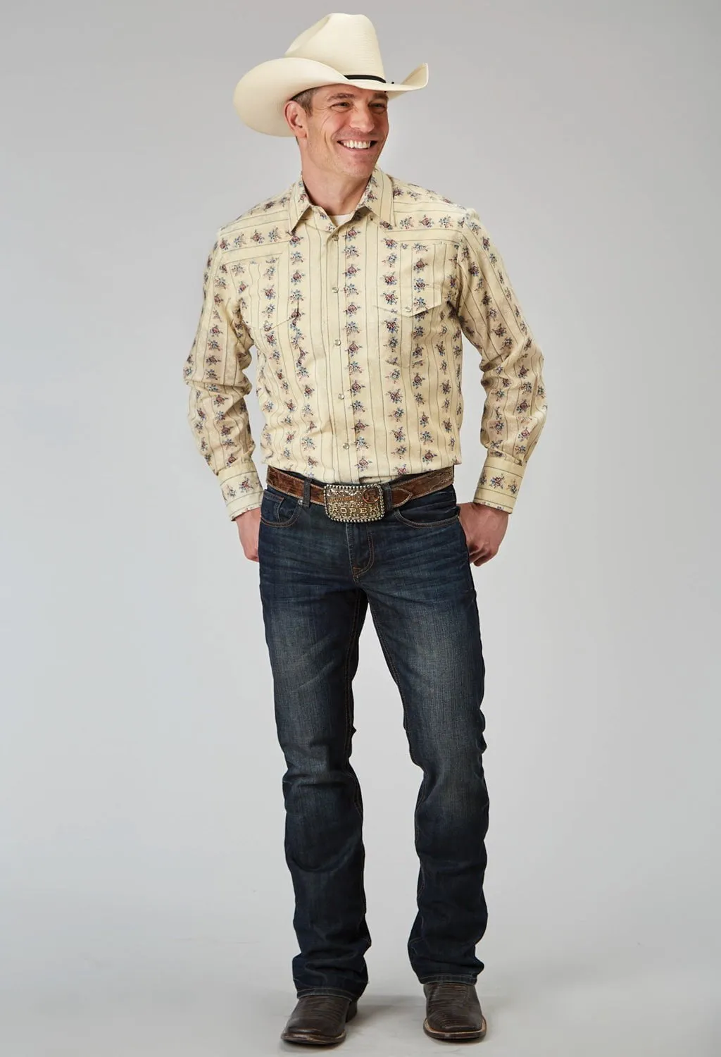 Unisex style Roper Mens Floral Stripe Yellow Cotton Blend L/S Shirt