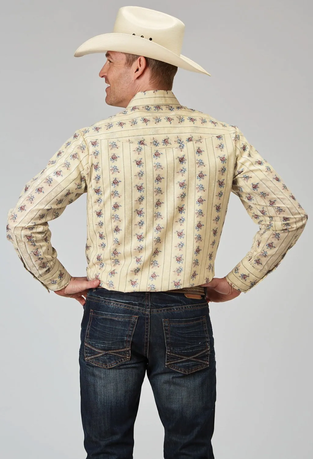 Weekend Wear Roper Mens Floral Stripe Yellow Cotton Blend L/S Shirt