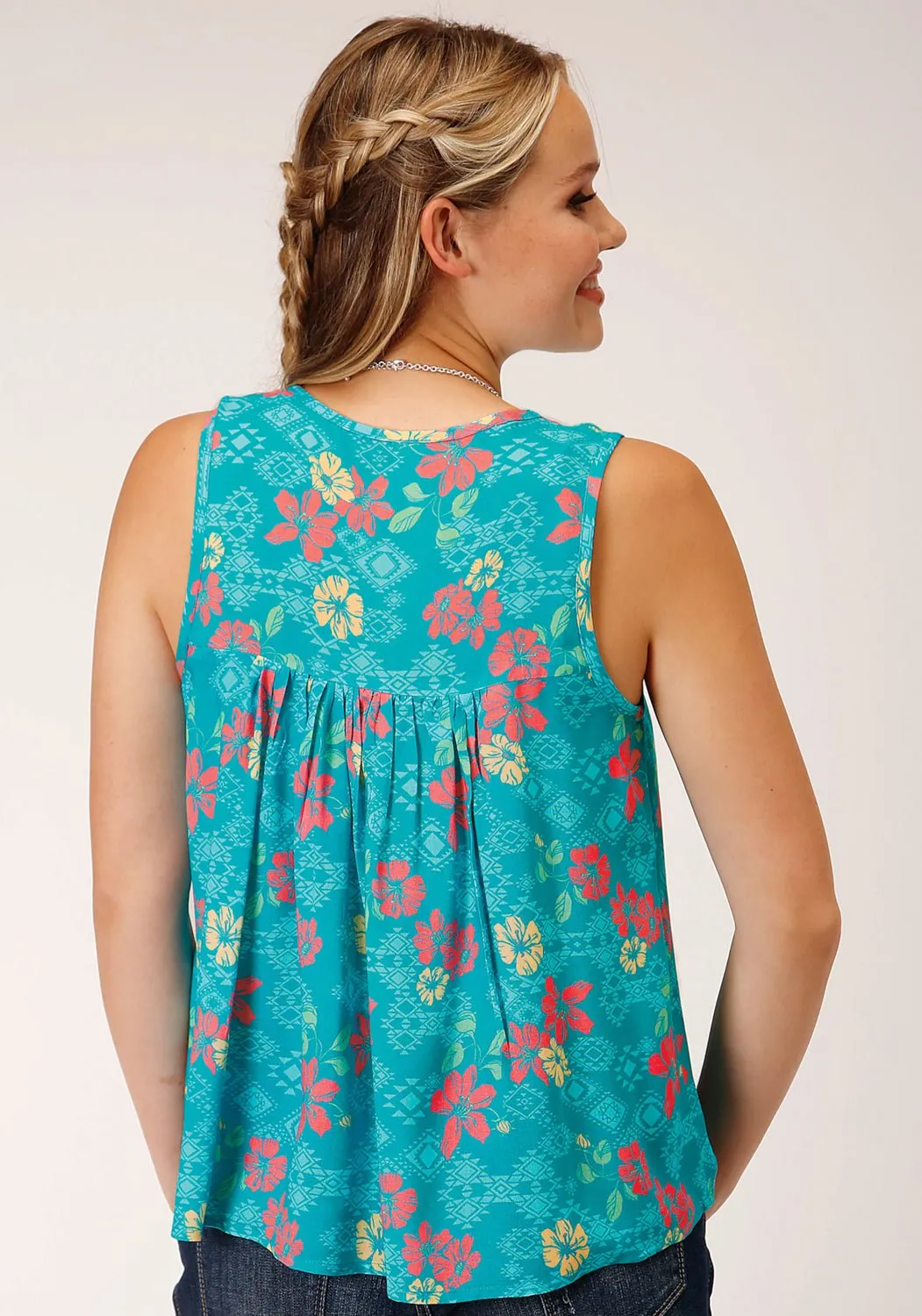 All-Weather Ready Roper Womens Tropical Aztec Blue Rayon/Nylon Tan k Top