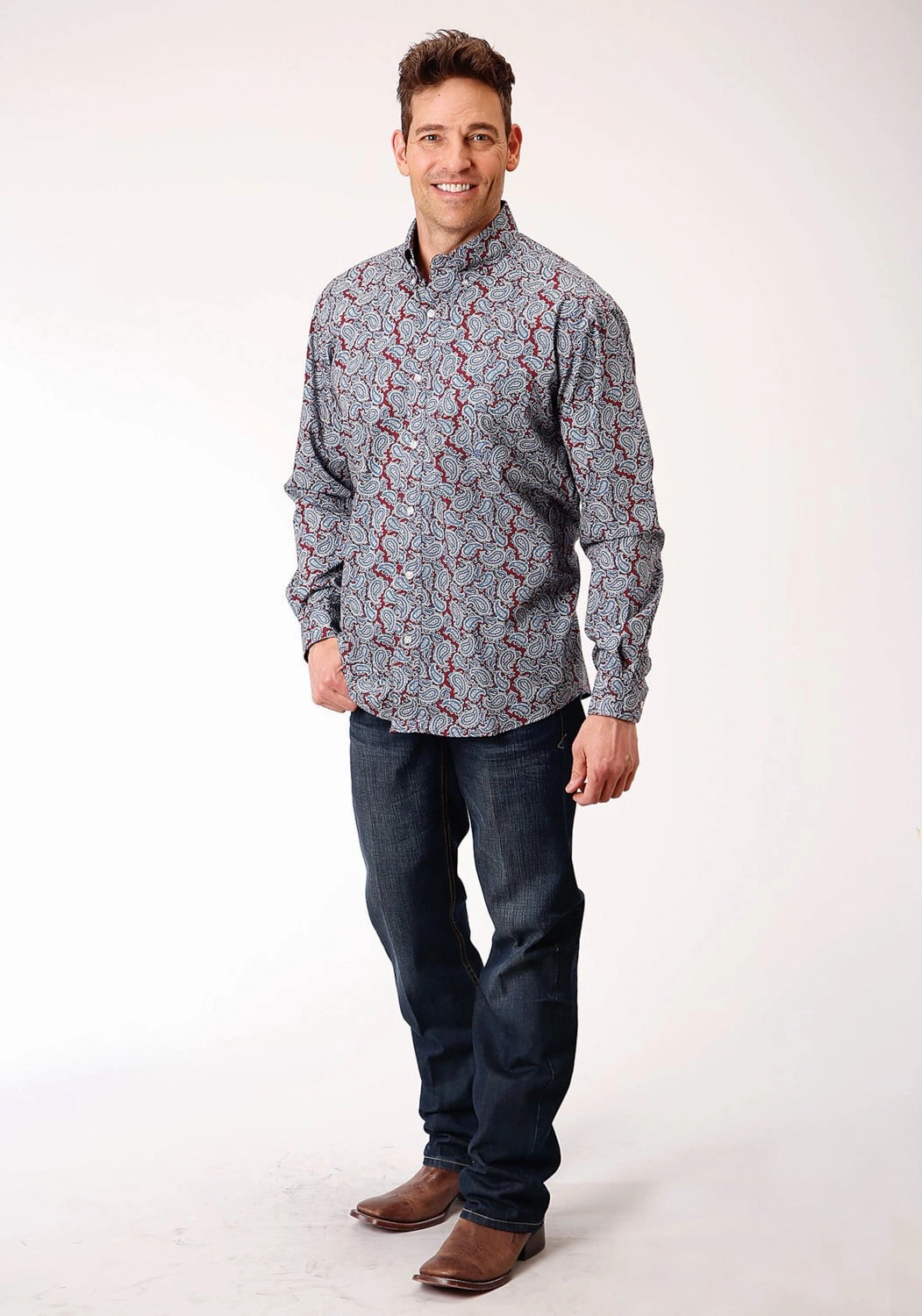 Roper Mens Wine 100% Cotton Liberty Paisley BD L/S 1 Pkt Shirt Luxurious Feel Trendy Comfort