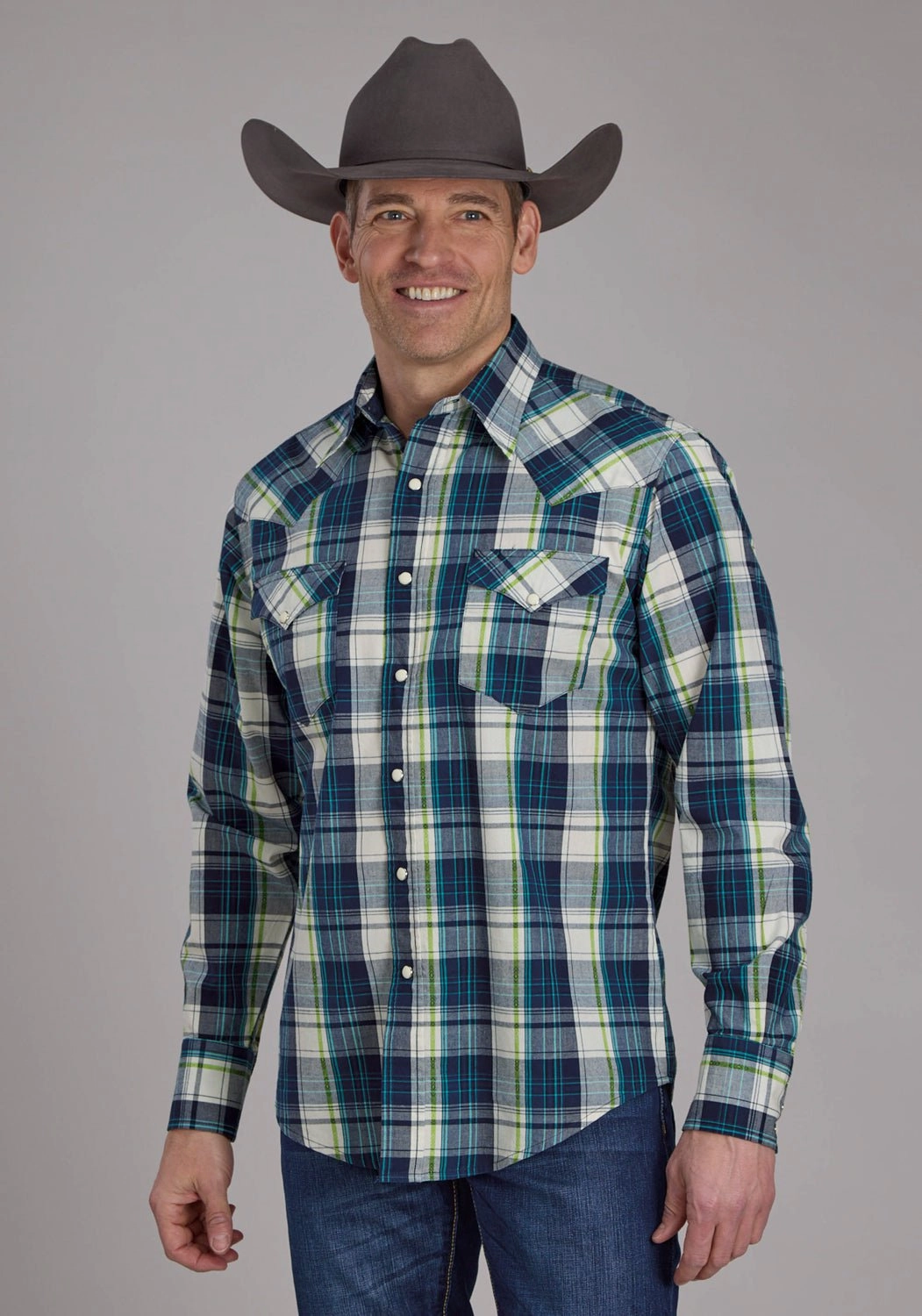 Roper Mens 2183 Contrast Dobby Blue 100% Cotton L/S Shirt All-Season Wear
