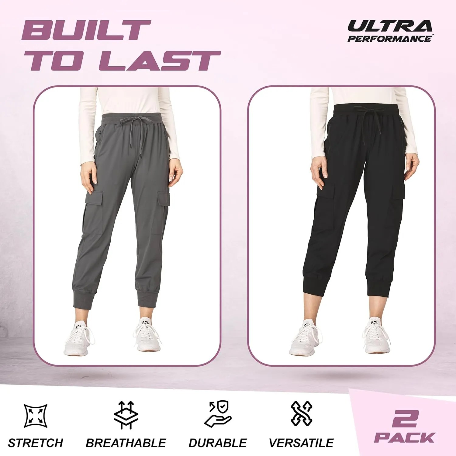 Ultra Performance Cargo Jogger Pants for Women 2 Pack Womens Hiking Pants Quick Dry Stretch Lightweight Cargo Joggers