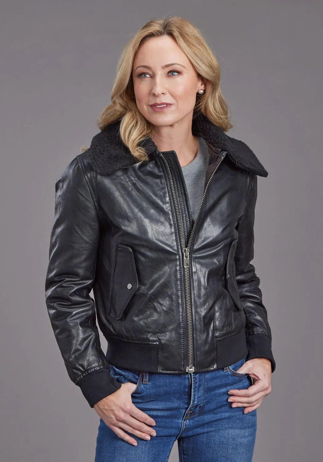 Minimal Edge Stetson Womens Smooth Bomber Black Leather Leather Jacket