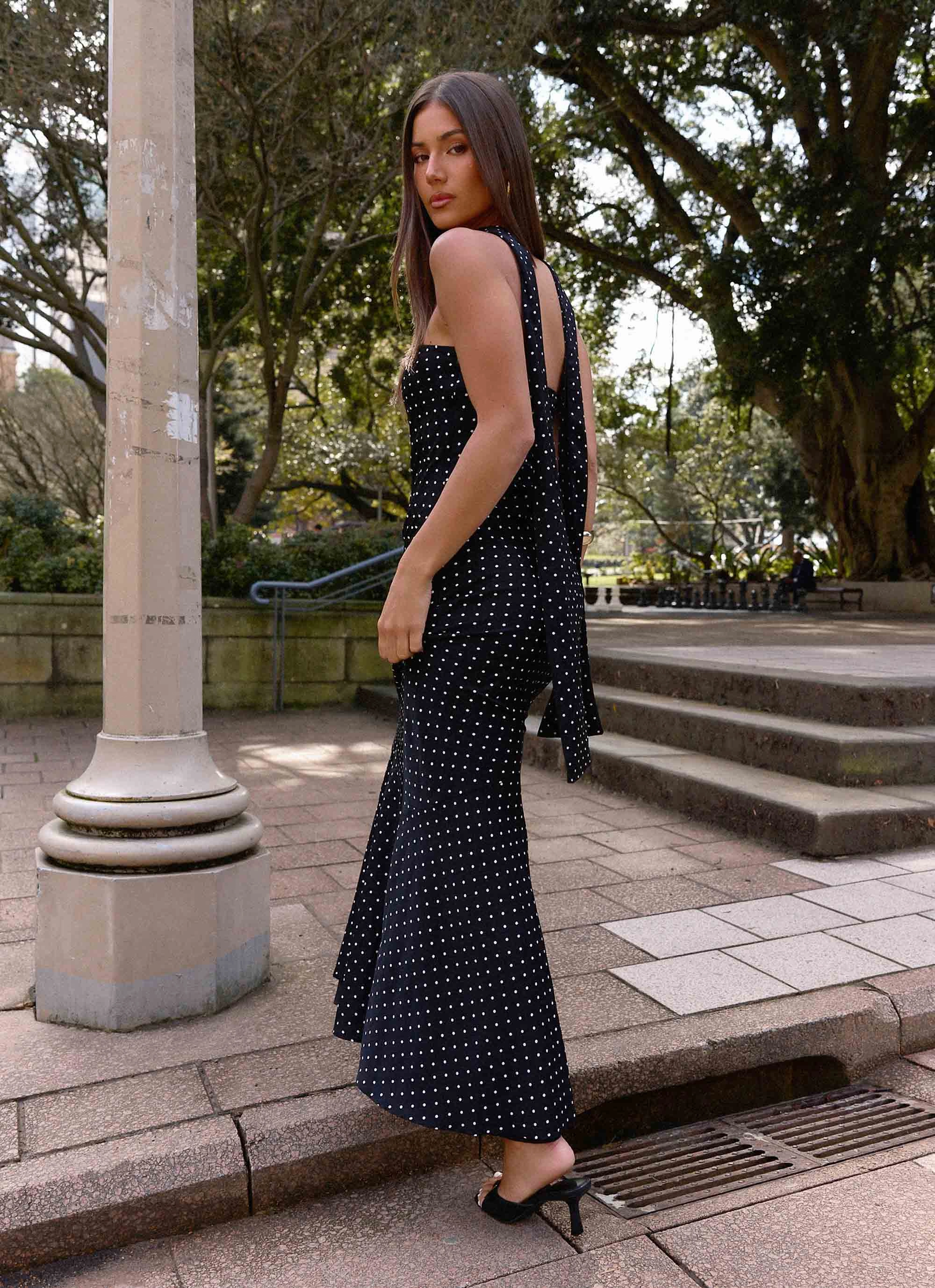 Under The Pagoda Maxi Dress - Black Polkadot Daytime Look