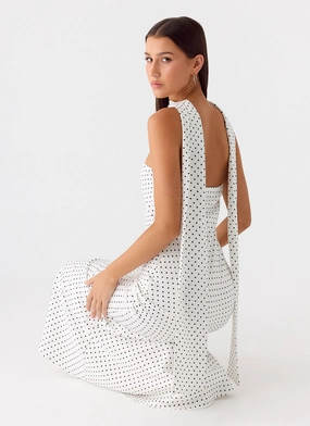 Under The Pagoda Maxi Dress - White Polkadot Theater Night Under The Pagoda Maxi Dress - White Polkadot Date night Silky Surface