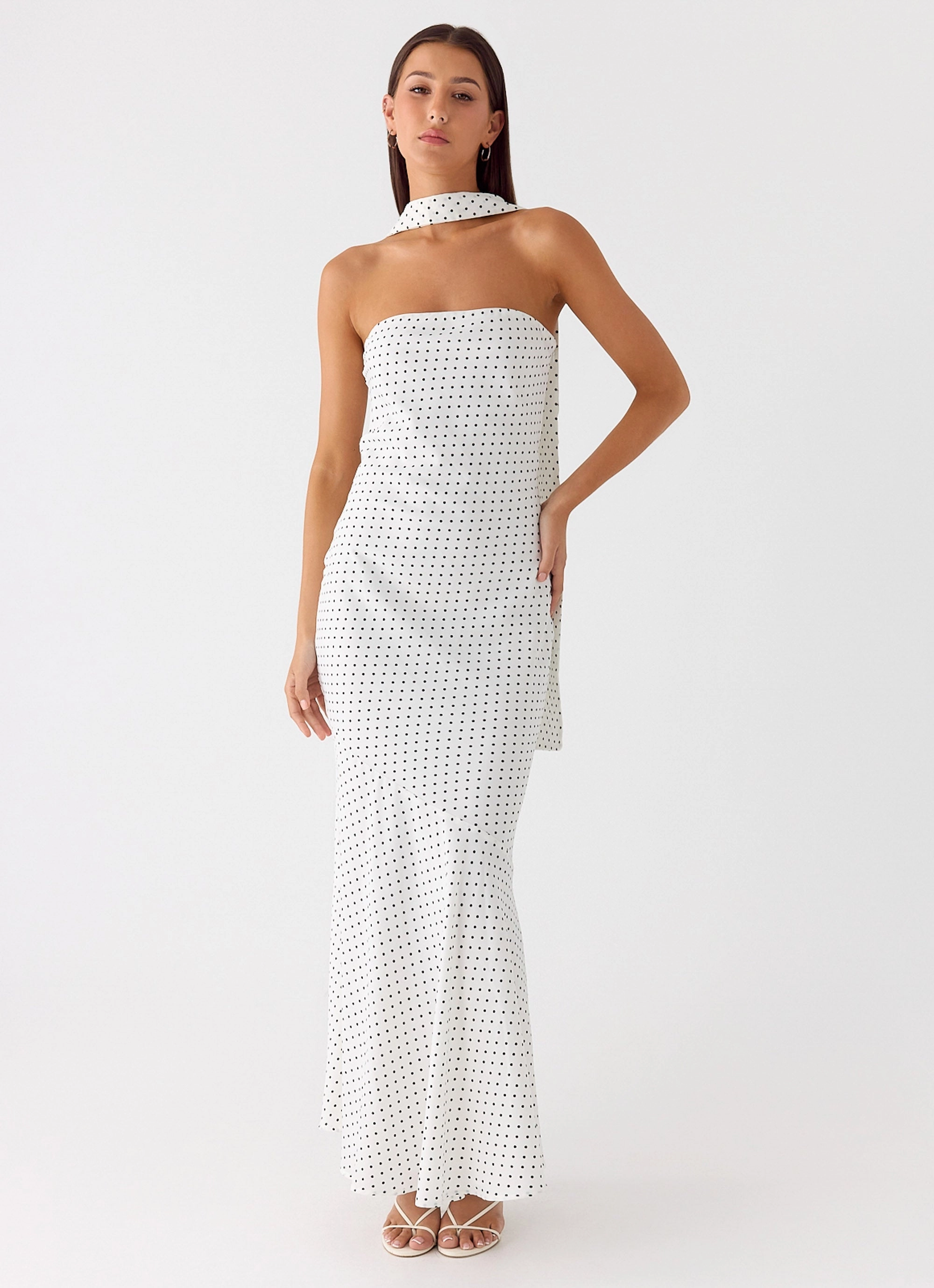 Under The Pagoda Maxi Dress - White Polkadot Edgy Look