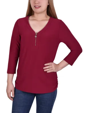 Unique Clothing Plus Size Long Sleeve Crepe Knit V Neck Top With Zipper Trendy pick Chic Comfort Plus Size Long Sleeve Crepe Knit V Neck Top With Zipper