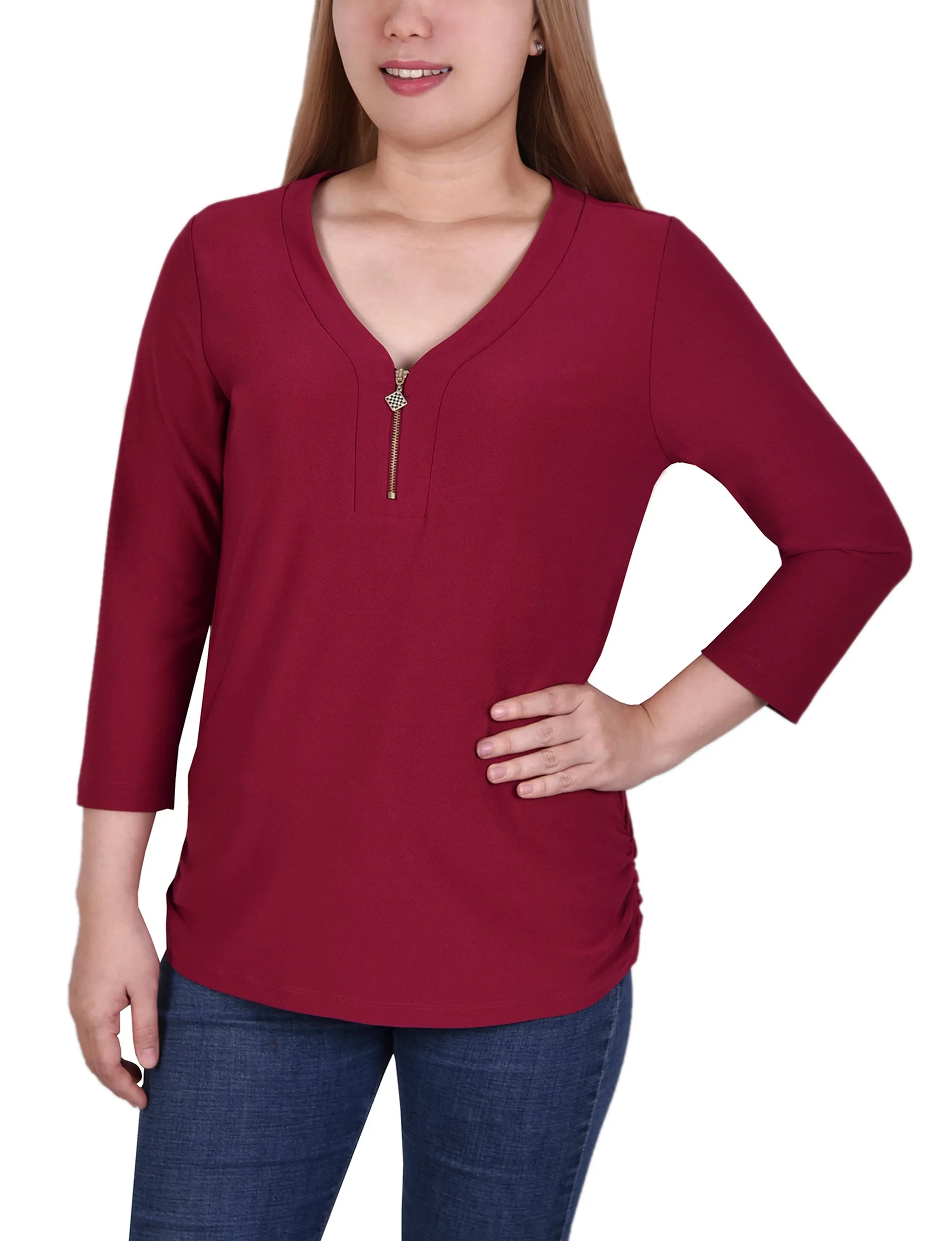 Plus Size Long Sleeve Crepe Knit V Neck Top With Zipper Lounge Texture