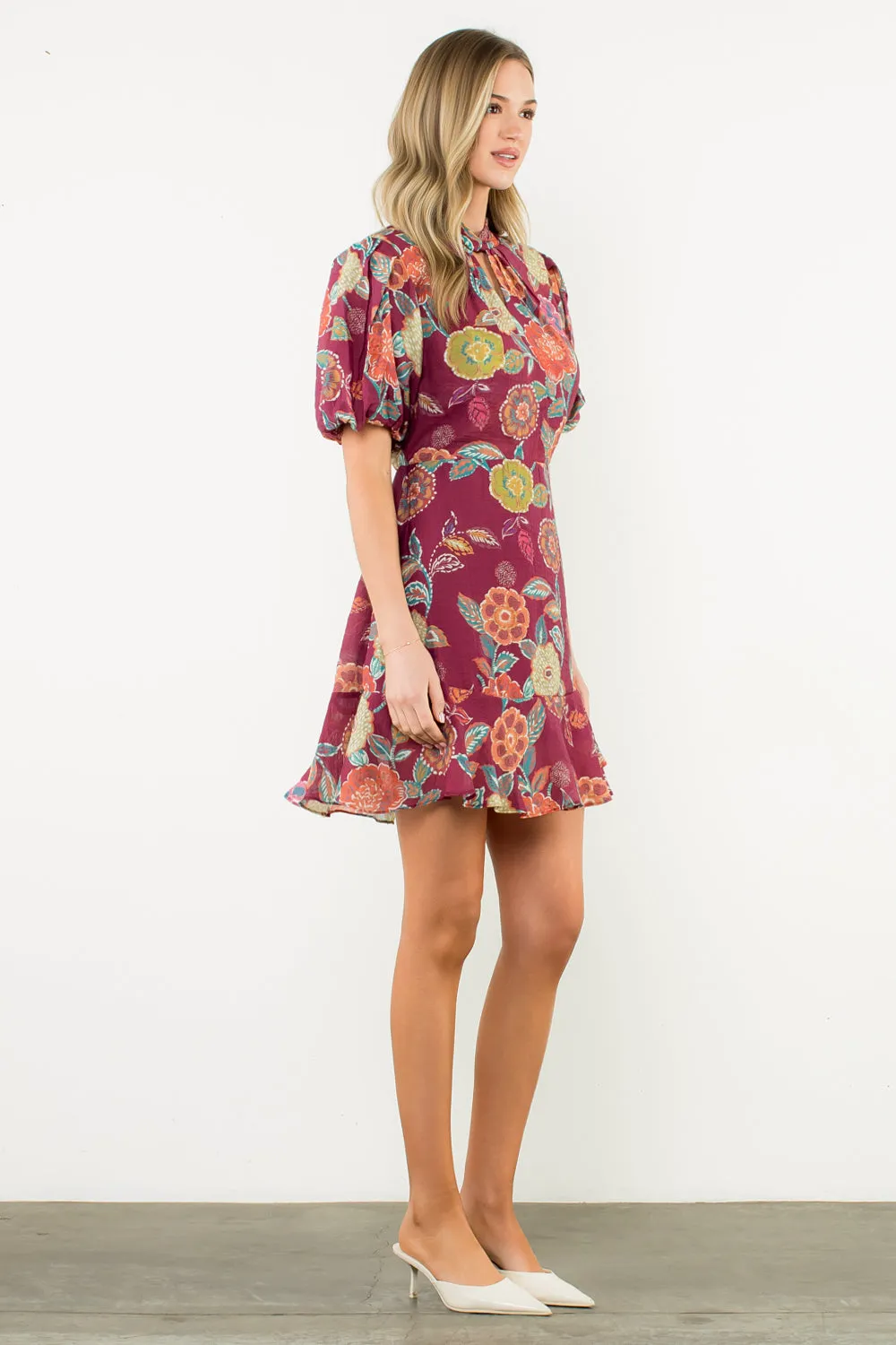 Bust-Enhancing Puff Sleeve Floral Dress in Burgundy