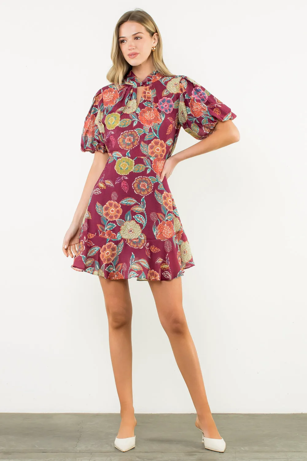 Puff Sleeve Floral Dress in Burgundy Mini-Length Cozy Tones