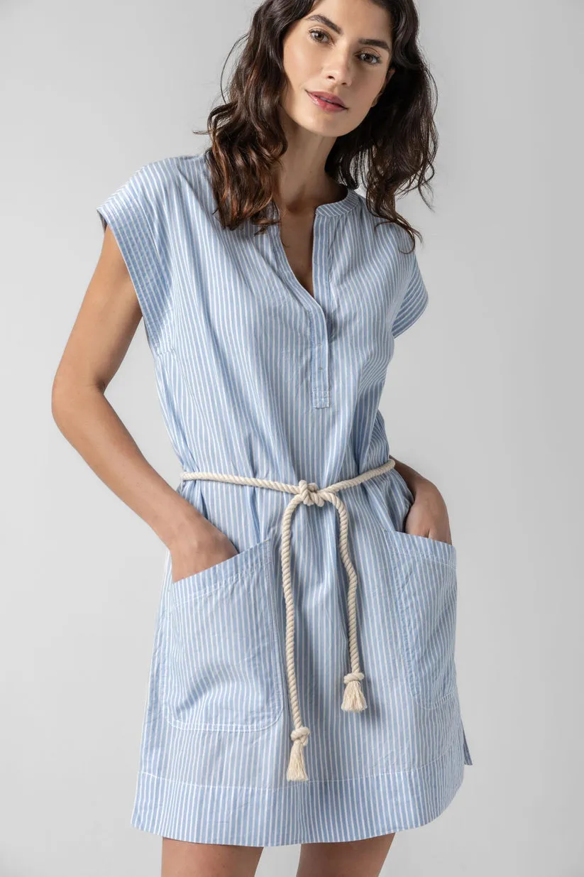 Subtle Look Mermaid-Hem Striped Split Neck Dress in Malibu Stripe