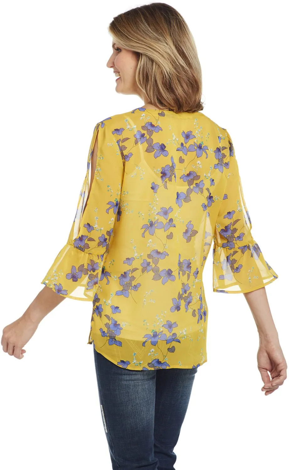 Cowgirl Up Womens Yellow Floral Polyester Bell Sleeve Tunic S/S Denim Blend