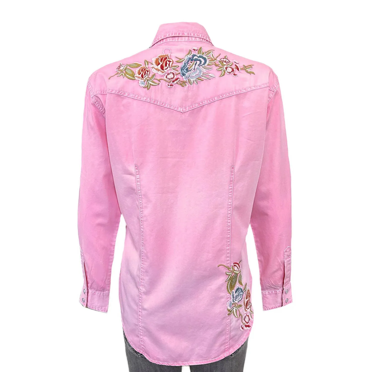 Rockmount Womens Denim Floral Embroidered Pink 100% Cotton L/S Shirt Wrinkle Free Care
