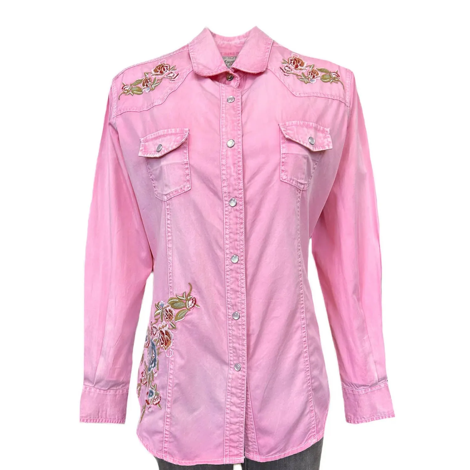 Rockmount Womens Denim Floral Embroidered Pink 100% Cotton L/S Shirt Thermal regulation Outerwear Companion