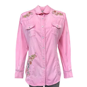 Unisex wear Rockmount Womens Denim Floral Embroidered Pink 100% Cotton L/S Shirt Neutral Tones V-neck style Rockmount Womens Denim Floral Embroidered Pink 100% Cotton L/S Shirt