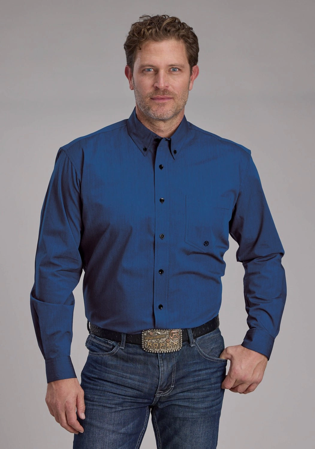 Budget Friendly Roper Mens 2249 Black Fill Blue 100% Cotton 1 Pkt L/S Shirt