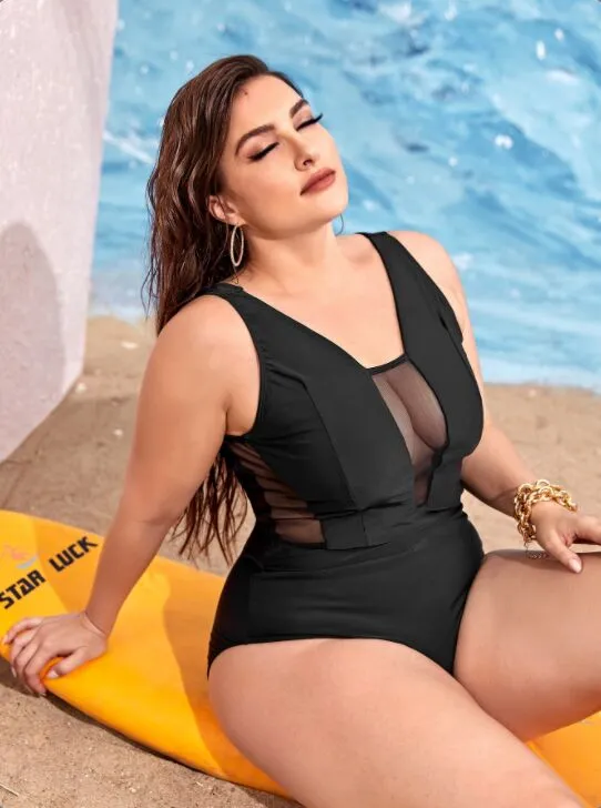 Upopby Black Translucent Hollow One Piece Plus-Size Swimwear