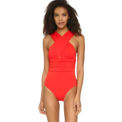 Upopby Fashion Cross Halter One-Piece Swimsuit Belly Control Swimsuit